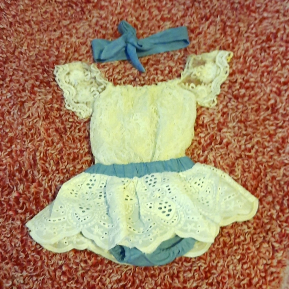 Baby girl lace top blue Jean skirt with white lace and a blue Jean headband.